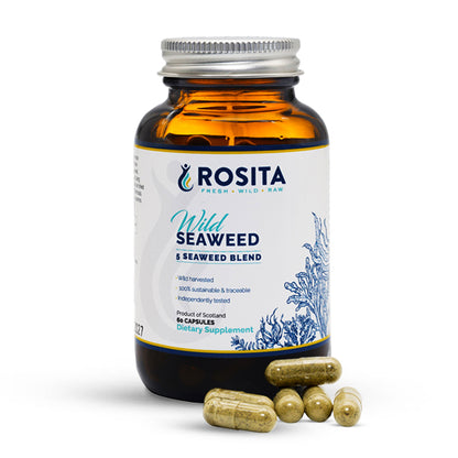 Rosita Wild Seaweed laukiniai jūros dumbliai, 60 kapsulių – buteliukas ir kapsulės baltame fone
